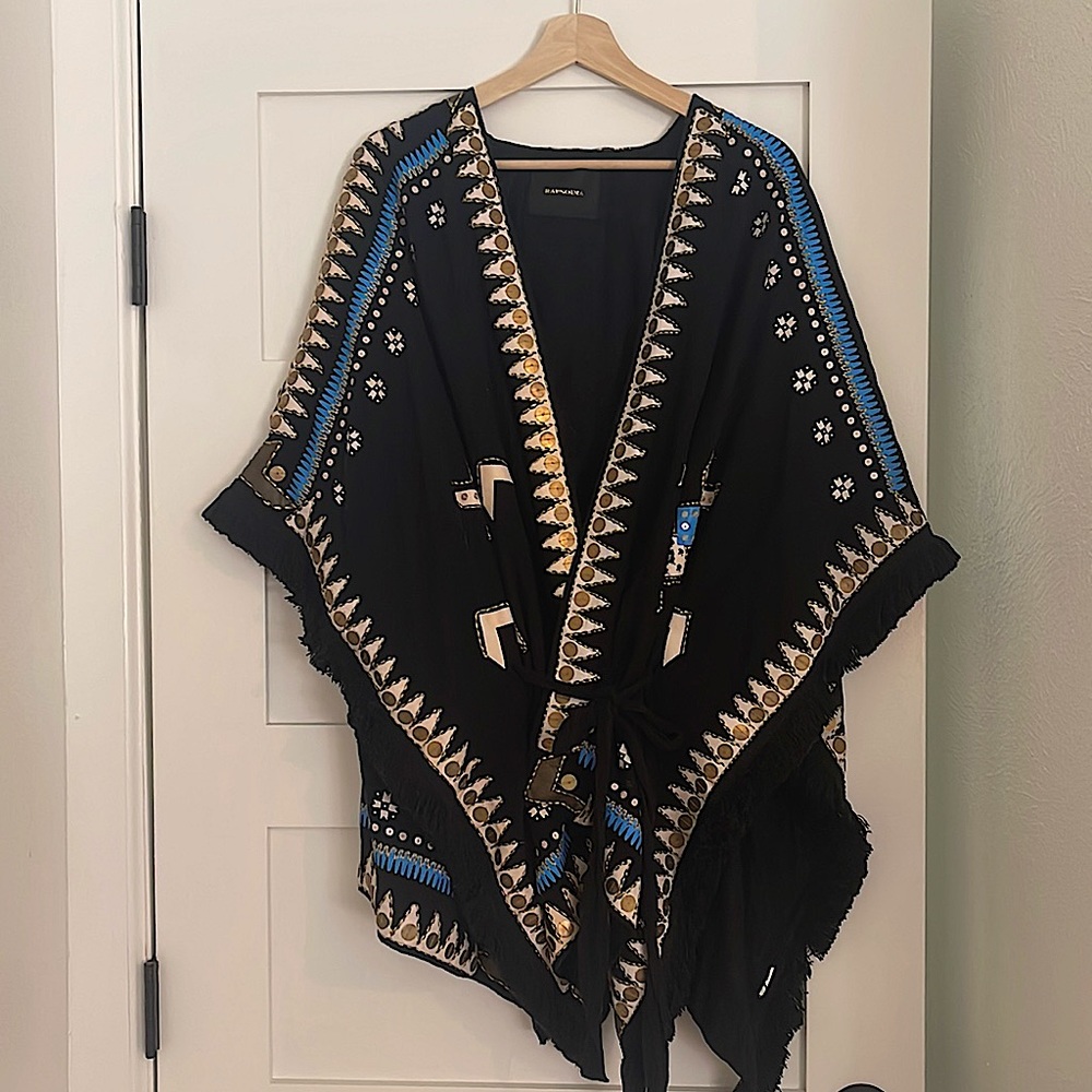 NWOT Boho Navy Blue Gold White Tie Waist Beaded Argentine jacket poncho wrap
